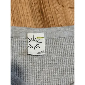 OFFLINE by Aerie Waffle Knit Top‎ Gray V-Neck Oversized Long Sleeve Shirt Large thumbnail 3