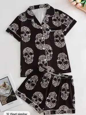 Women's Fitted Skull Print Pajama Set Button Front Short Sleeve Small NEW thumbnail 1