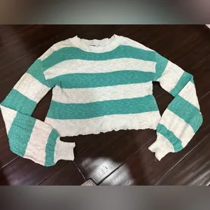 Beach Riot Teal and White Knit Sweater Bell Sleeve XS thumbnail 3