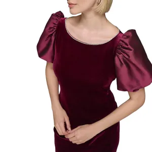 Karl Lagerfeld Puff Sleeve Stretch Velvet Body Sheath Dress Barolo Wine Red 8 thumbnail 8