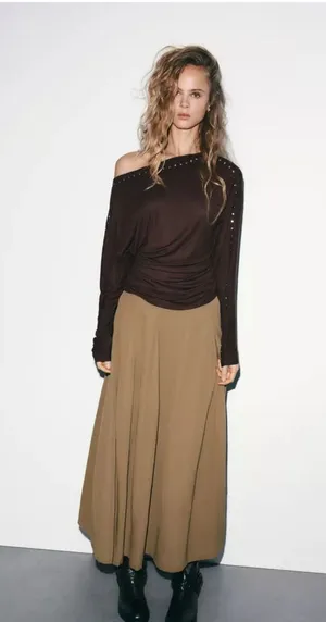 Zara brown studded long sleeve top thumbnail 1