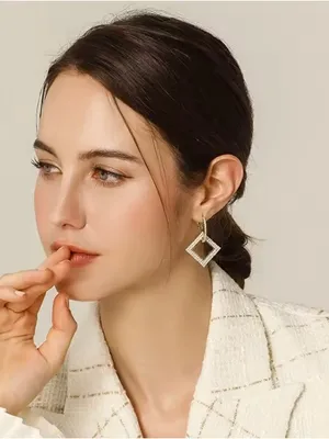 Elegant Gold tone Square Drop diamond paved small hoop Earrings thumbnail 1