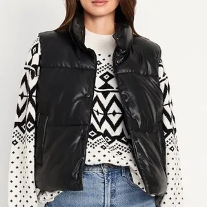 Old Navy Faux Leather Puffer Vest Women’s XL Black Sleeveless Quilted‎ Jacket thumbnail 1