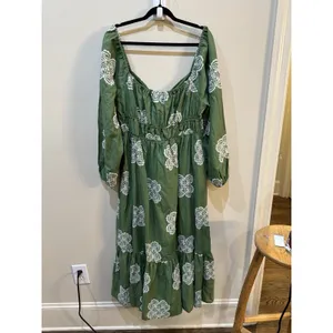 CIEBON Serbita green white Embroidered tiered peasant Dress Size Small Linen thumbnail 5