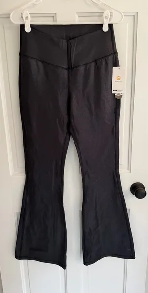 NWT Glowmode Foiled Leather Flare Leggings Black XL High Rise 30” Inseam thumbnail 1