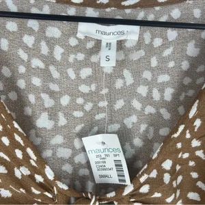 Maurices Brown & White Speckled Dot Print Flare Sleeve Tie Front V-Neck Blouse S thumbnail 2