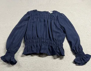 Navy Blue Textured Ruffle Semi Sheer Long Sleeve Blouse Size Medium EUC thumbnail 1