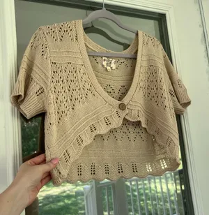 Hippie Rose Beige Crochet-Knit Short Sleeve Cardigan thumbnail 1