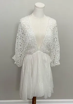 Free People One Dress Bella Note Eyelet Flower Babydoll Whimsical Boho White thumbnail 2