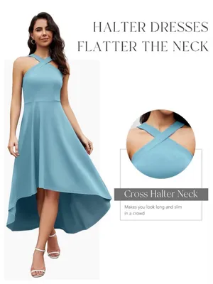 NEW Blue Cocktail Formal Wedding Guest Halter Hi Low Dress XL thumbnail 6