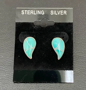 Sterling Silver Vintage STR.SII Turquoise Inlay Comma Teardrop Post Earrings thumbnail 3