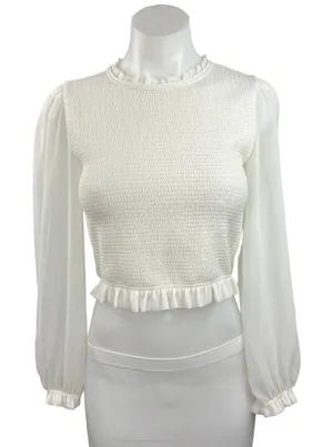 Aritzia Wilfred Women's White Puff Sleeve Smocked Ruffle Peplum Sweater Top Sz S thumbnail 1
