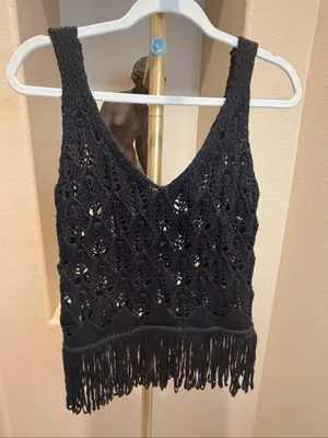 Zara NWT Black Crocheted Fringe Tank Top - Women thumbnail 7