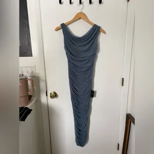 Lulus Sunama Slate Blue Mesh Ruched Bodycon Midi Dress Size Medium NWT Cocktail thumbnail 4