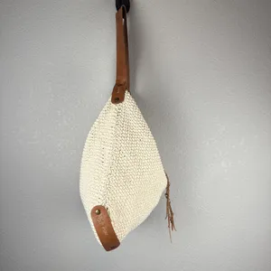 Lucky Brand Ivory Cotton‎ Crochet Leather Trim Boho Hobo Shoulder Bag Purse Tote thumbnail 4