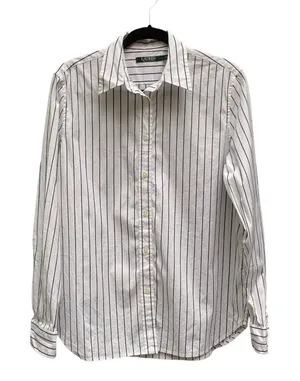 Lauren Ralph Lauren Sz L Preppy Classic White black striped button down shirt thumbnail 1