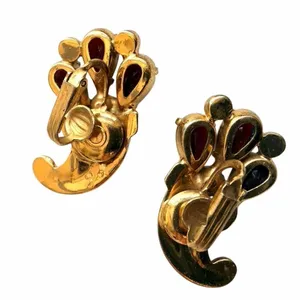 Gold-Tone Rhinestone & Deep Red Cabochon Clip-On Earrings thumbnail 5