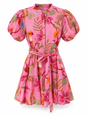 NWT J. Marie Pink Tropical Bird Print Puff Sleeve Mini Dress XS thumbnail 2