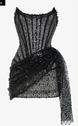 House of CB Heiress beverly hills corset sequin draped black mini dress thumbnail 1