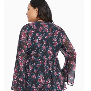 Torrid Black Pink Floral Chiffon Lattice Bell Sleeve Blouse, 1 14/16 thumbnail 9