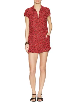 Free People Debby Dot Romper Red Floral Short Sleeve Button Front - Size M EUC thumbnail 2
