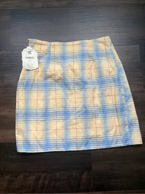 NWT Altar'd State Pastel Blue and yellow Plaid Wrap Mini Skirt thumbnail 2
