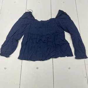 NWT Umgee Blue with Gold Metallic Stripes Smocked Babydoll Top Celestial Boho L thumbnail 6