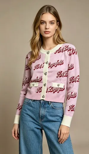 $399 NWT Karl Lagerfeld Pink Logo Cropped Cardigan Crystal Buttons Wool Blend thumbnail 1