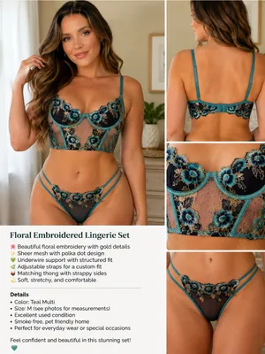 Floral Embroidered Lingerie Set – Teal & Black | Size M thumbnail 2