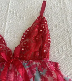 Women’s Pink & Red Mesh Lace & Sequins Babydoll Lingerie Top Sz S Small thumbnail 7