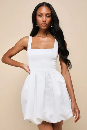 Lulus Regal Cutie White Satin Square Neck Bubble-Hem Mini Dress Party Medium thumbnail 1