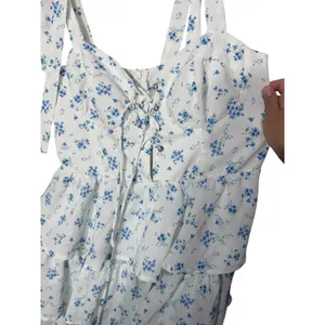 Cider‎ Blue Floral Tiered Mini Dress White Lace Up Corset Tie Shoulder Medium thumbnail 2