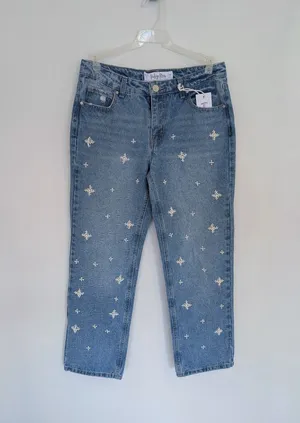 NWT Pearl Beaded Star Embellished Straight Leg Denim Jeans Sz 9 Medium Wash thumbnail 3