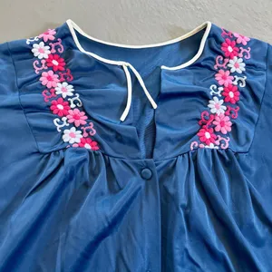 Vintage Navy Blue Embroidered Silky Night Gown with Cap Sleeves M/L thumbnail 2