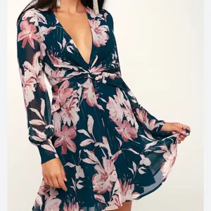 Lulus Mini Dress M Navy Floral Metallic Sheer Long Sleeve Twisted Front V-Neck thumbnail 1