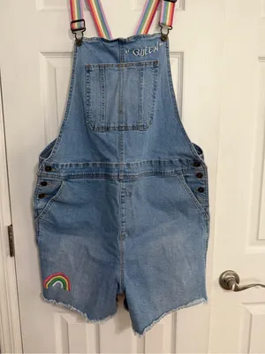 Denim Rainbow Stripe queen embroidered Overalls cut off Shorts women’s size XL thumbnail 8