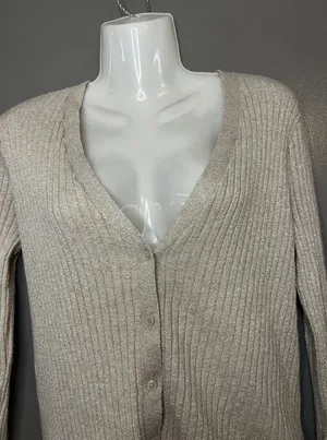 A New Day Sweater Womens Large Beige Metallic Ribbed Button Front Cardigan thumbnail 1
