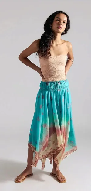Free People Bohemian 70s FP One Kaia Asymmetrical Midi Skirt Ocean Surf Large thumbnail 1