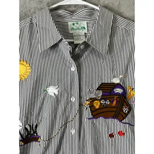 Vintage Noah’s Ark Embroidered Striped Button Down Shirt Whimsical Large thumbnail 2