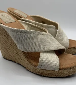 Tory Burch Kristen Espadrille Wedge Sandals Cream Canvas Gold Logo Women’s 10 thumbnail 1
