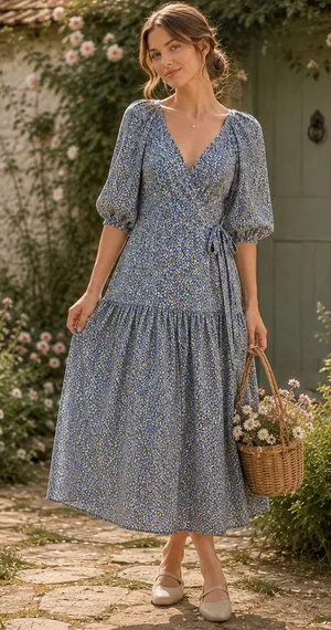 Old Navy Floral Maxi Wrap Dress Sz L Boho Peasant Cottage Ditsy Floral Romantic thumbnail 1