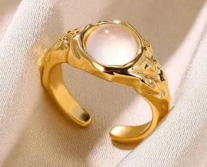 Cat Eye Stone Ring for Women 18K Gold Color Stainless Steel Round Adjustable 7-9 thumbnail 1