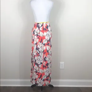 Floral Maxi Skirt Coral Navy High Waist Elastic Waist Side Slit Size Small thumbnail 7