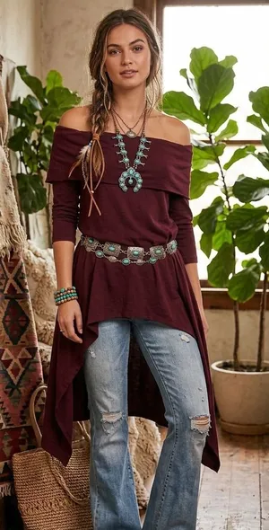 Zapelle Off-the-Shoulder Hi-Low Tunic - Deep Plum, M thumbnail 1