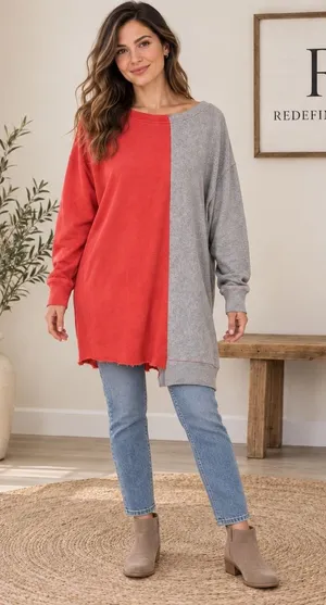 Free People Two Tone Colorblock Oversized Sweatshirt Red Grey S thumbnail 1
