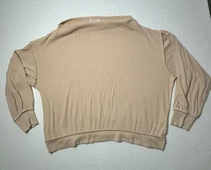 We The Free Free People Ribbed Puff Sleeve Pullover Sweater Beige Medium thumbnail 1