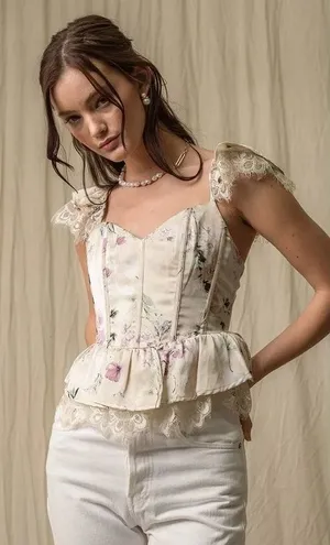 Floral Lace Corset Peplum Top Cream Purple Cottagecore Flutter Sleeve Bustier thumbnail 1