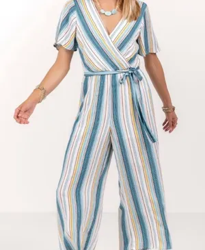 Trixxi striped vneck wide leg cropped jumpsuit thumbnail 1