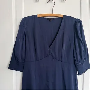 Quince • Washable Stretch Silk Puff Sleeve Mini Dress navy blue v neck thumbnail 4