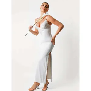 Popilush Built-In Shapewear Slip Dress Women XXL Ivory NEW Lace Trim‎ Maxi Slit thumbnail 2